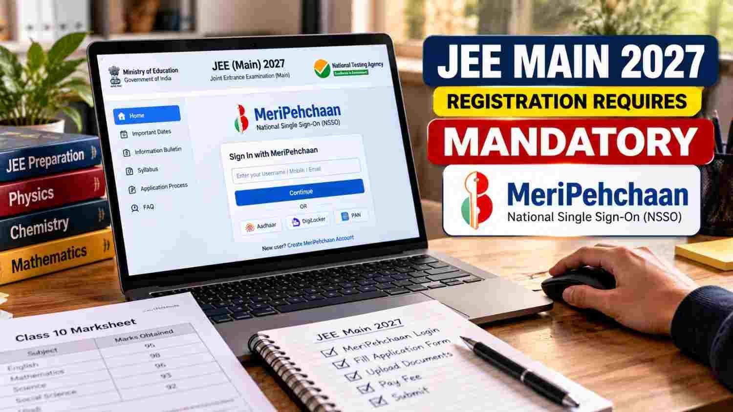 JEE Main 2027 registration portal with MeriPehchaan login on a laptop screen