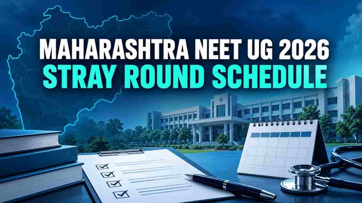 Maharashtra NEET UG 2026 stray-round schedule graphic with a medical college, calendar and counselling checklist