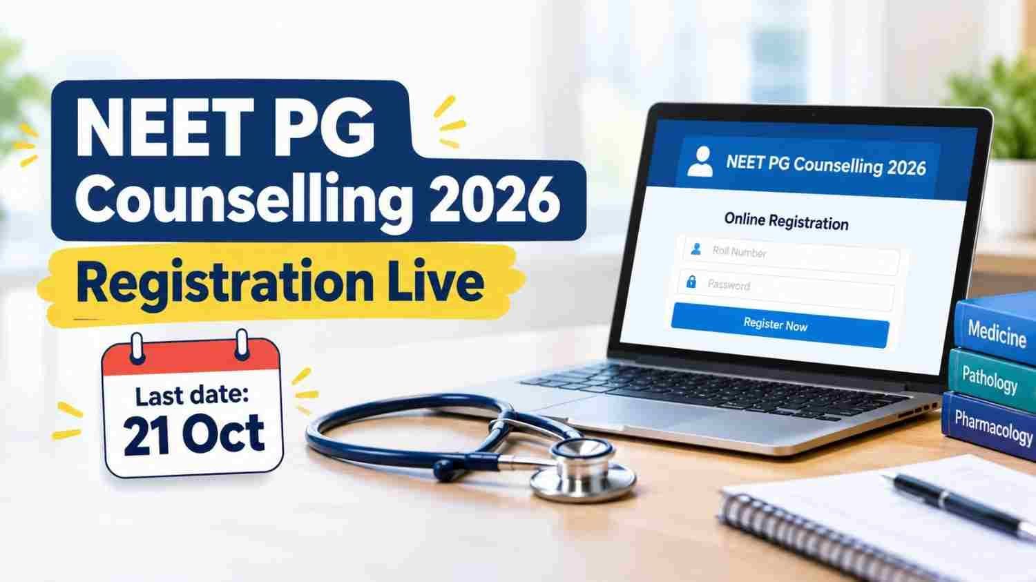 Graphic showing NEET PG counselling 2026 registration open on the MCC website with last date 21 October