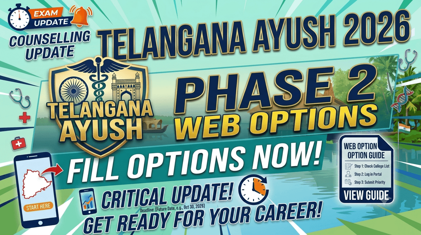 Telangana AYUSH Counselling 2026: Phase 2 Web Options Open for BAMS, BHMS, BUMS, BNYS; Apply by October 26