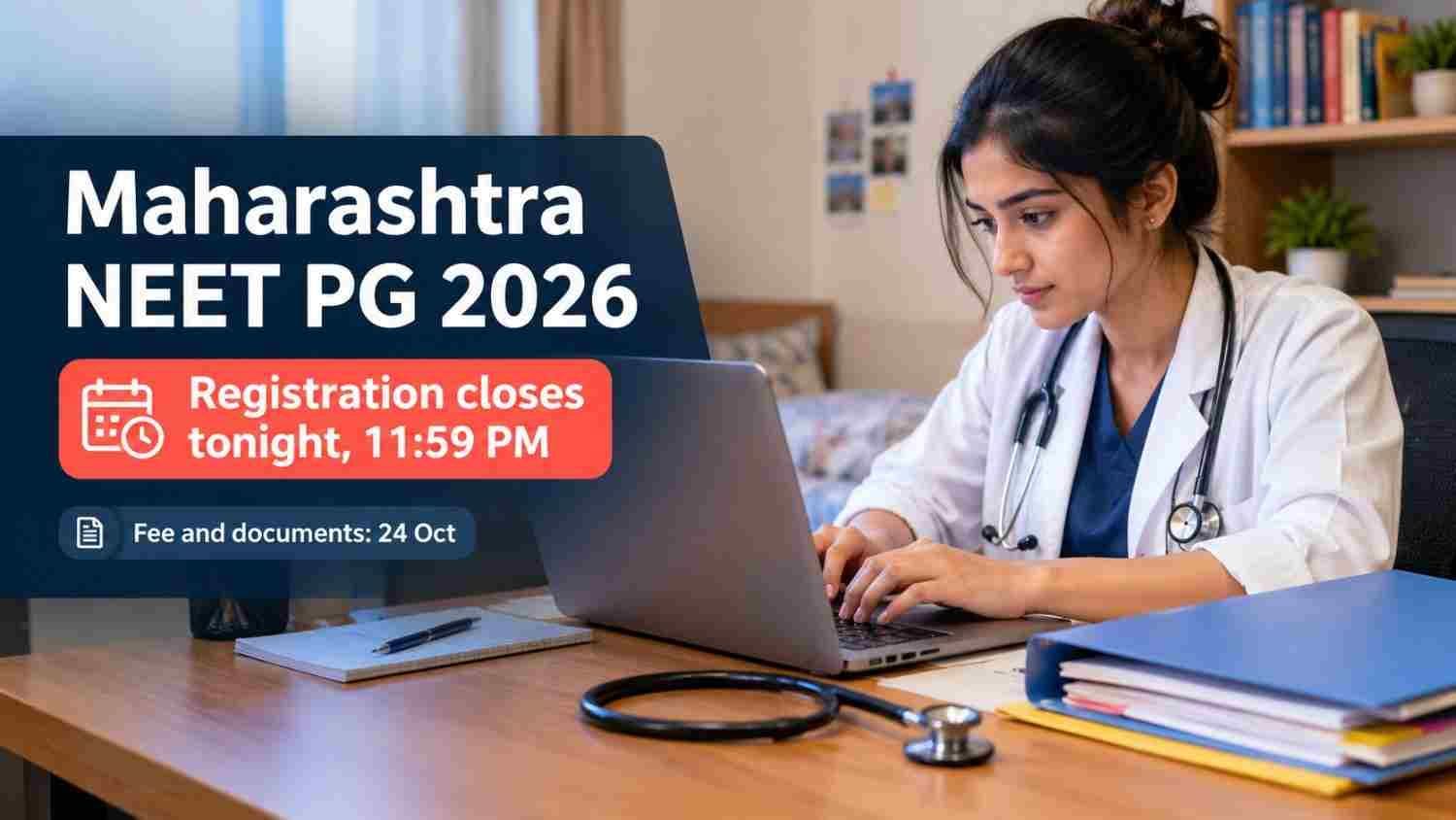 Medical graduate filling the Maharashtra NEET PG 2026 online registration form, closing 23 October