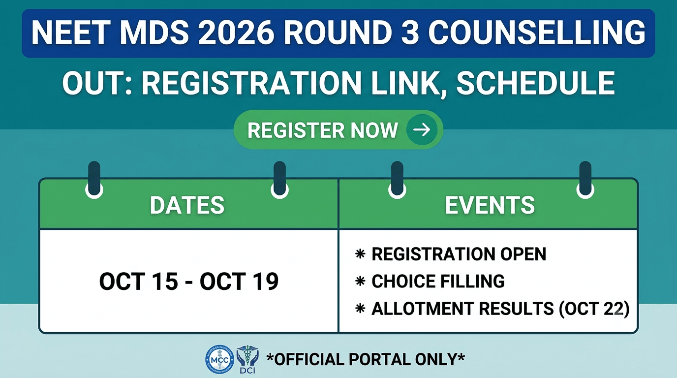 NEET MDS 2026 Round 3 Counselling Schedule Out: Apply Online at mcc.nic.in; Check Registration & Allotment Dates